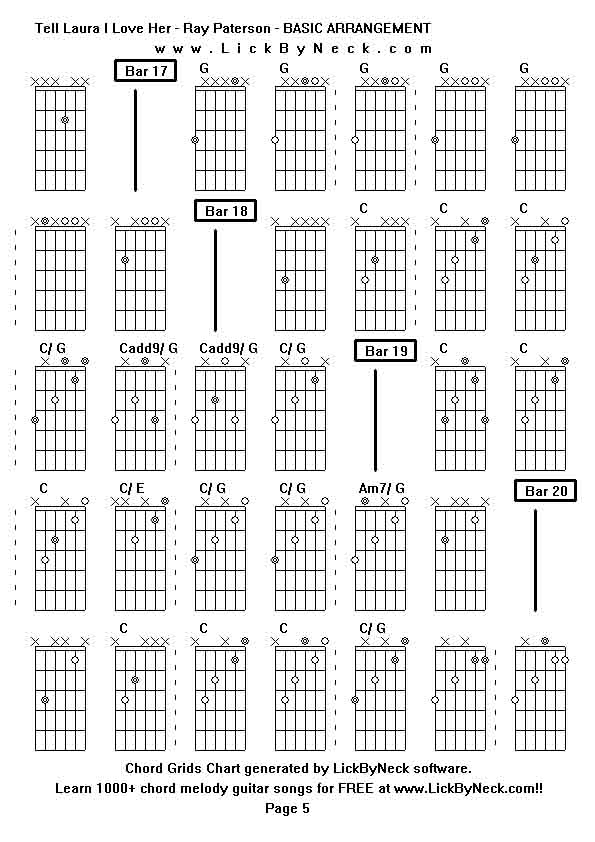 Chord Grids Chart of chord melody fingerstyle guitar song-Tell Laura I Love Her - Ray Paterson - BASIC ARRANGEMENT,generated by LickByNeck software.